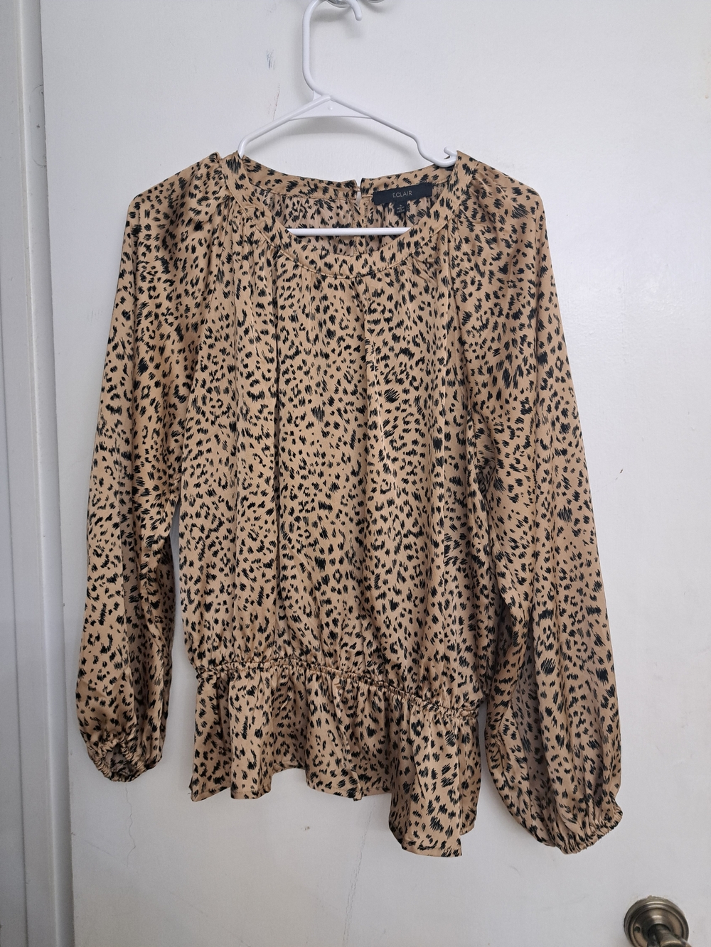 Leopard Print Peplum Long-Sleeve Blouse - Tan